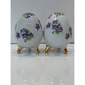 Vintage Enesco Japan Footed Egg Violet Design Salt & Pepper Shaker Set